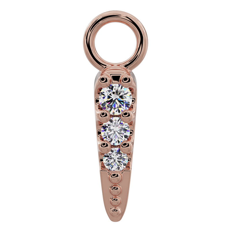 14k rose gold diamond spike piercing charm with three prong-set round diamonds and beaded texture