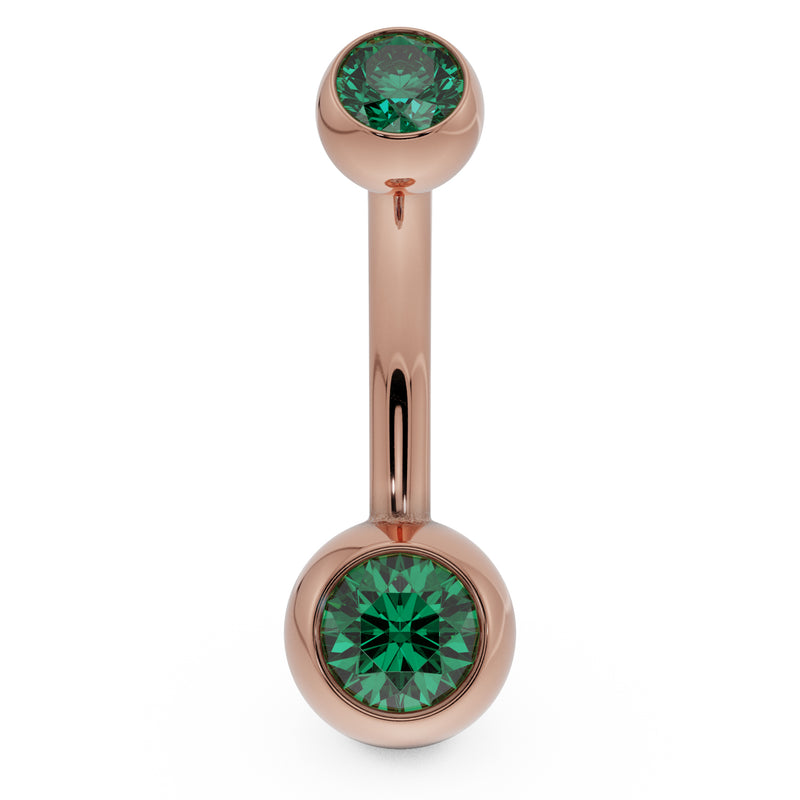 14k rose gold double CZ belly ring with green bezel-set stones, front view