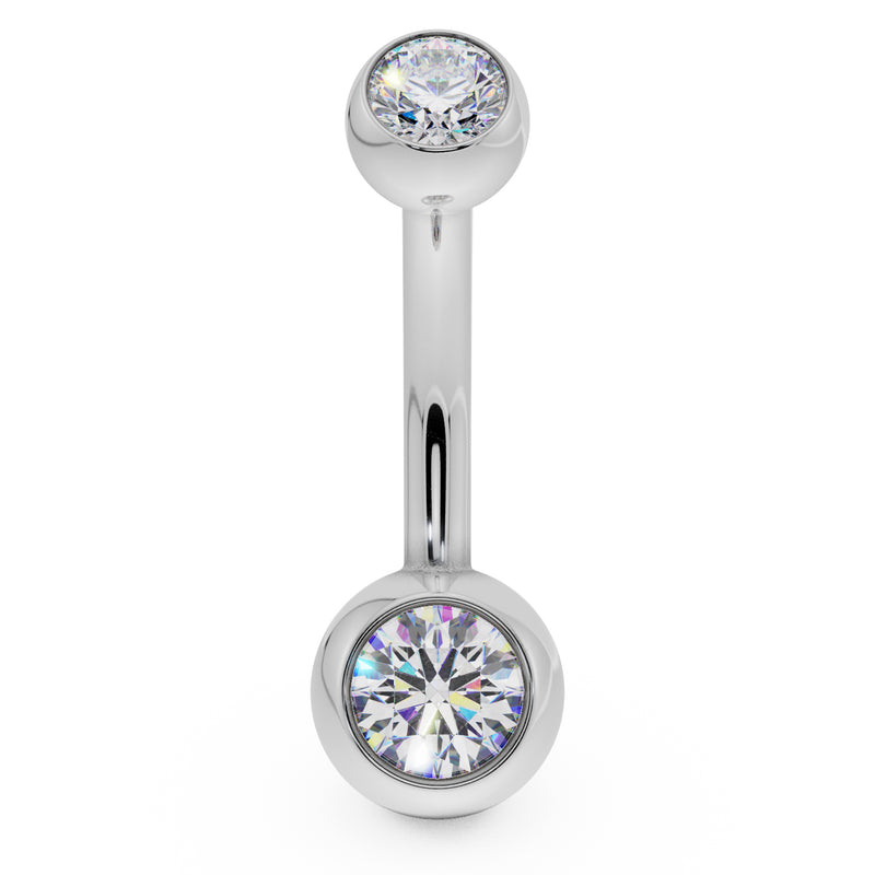14k white gold double diamond belly ring with bezel-set stones, straight-on front view