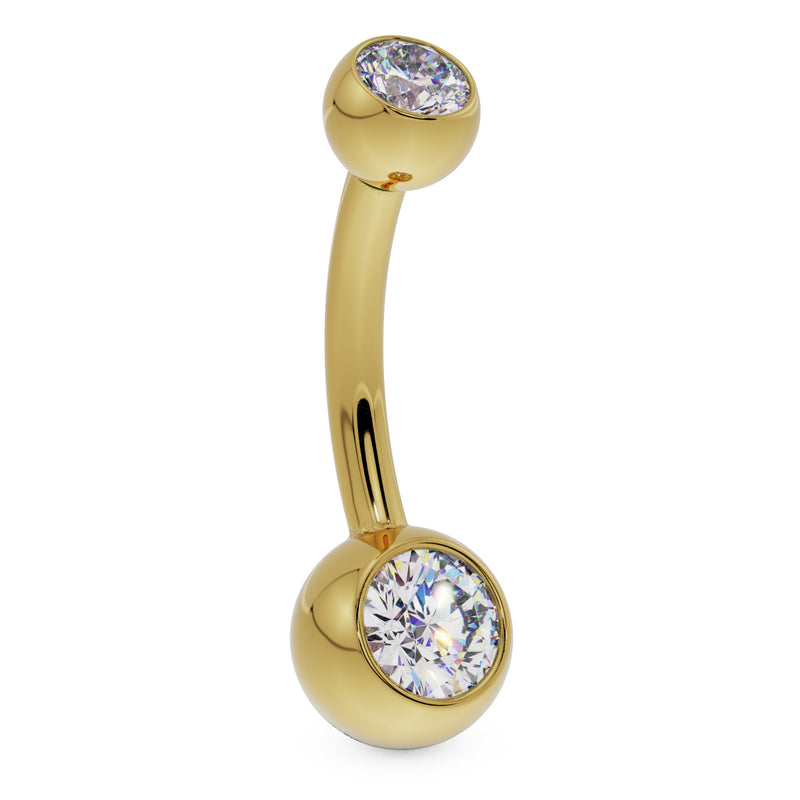 14k yellow gold double clear CZ belly button ring, side profile showing curved barbell