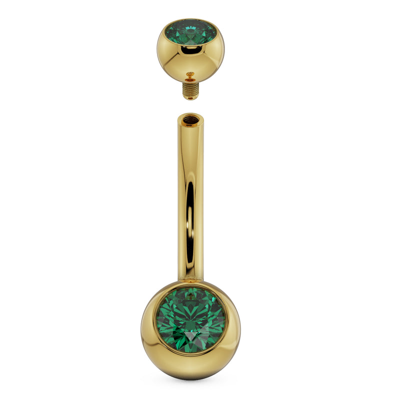 14k yellow gold double green CZ belly ring with top ball detached showing internal threading
