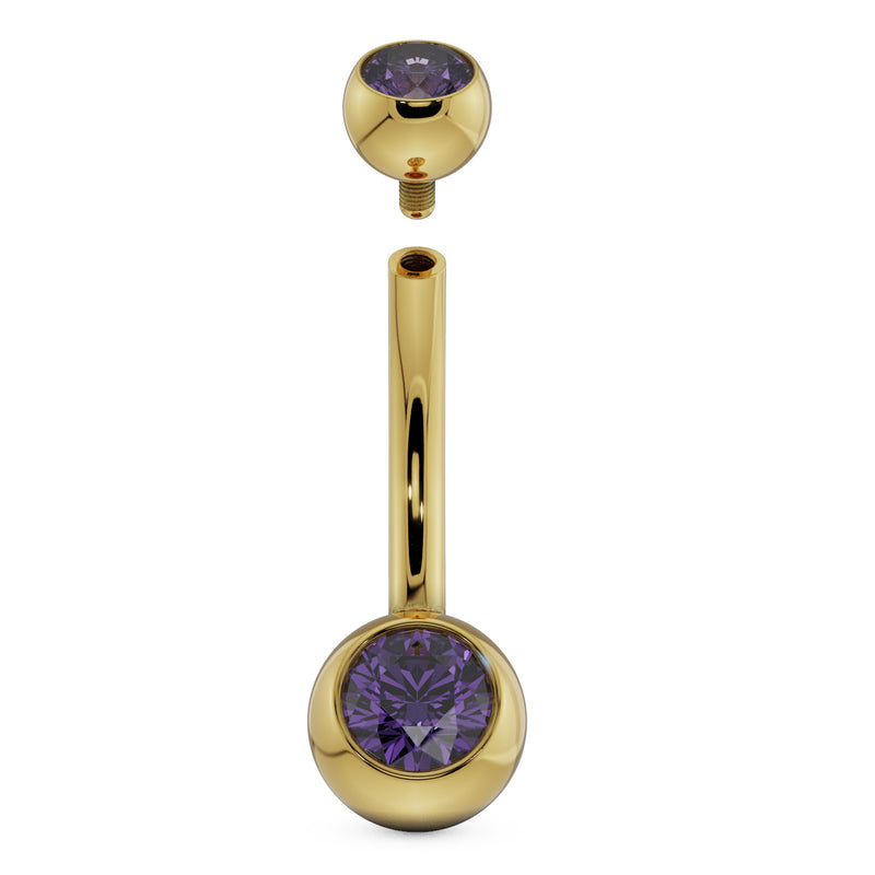 14k yellow gold double purple CZ navel ring with top ball detached showing internal thread