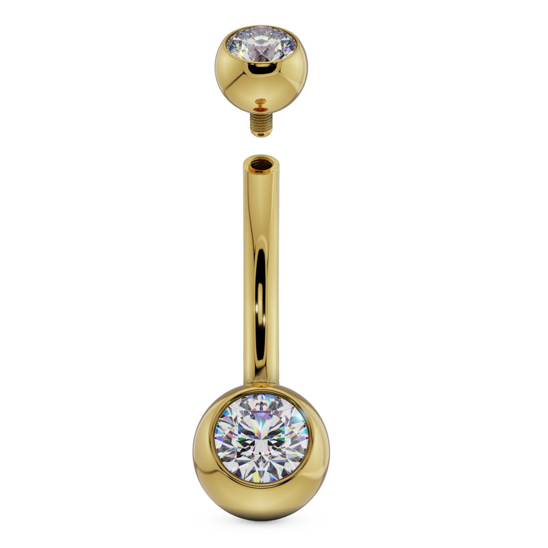 14k yellow gold double CZ navel ring with top ball removed, showing internal threading