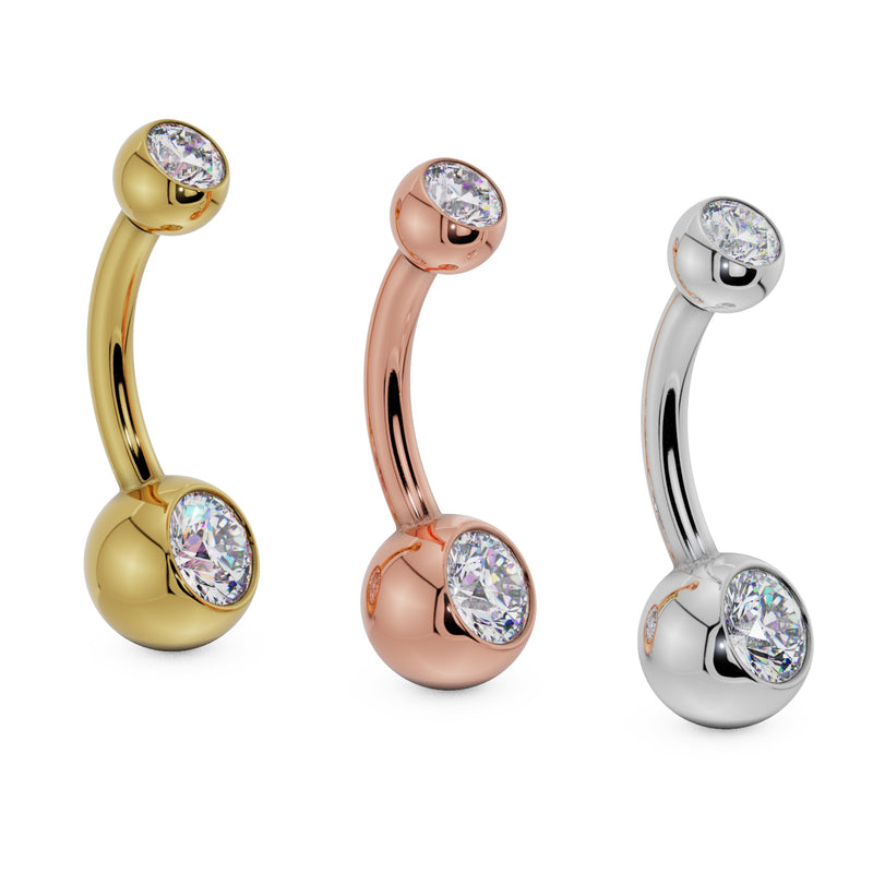 Double diamond 14k navel ring in all three metal options: yellow gold, rose gold, and white gold