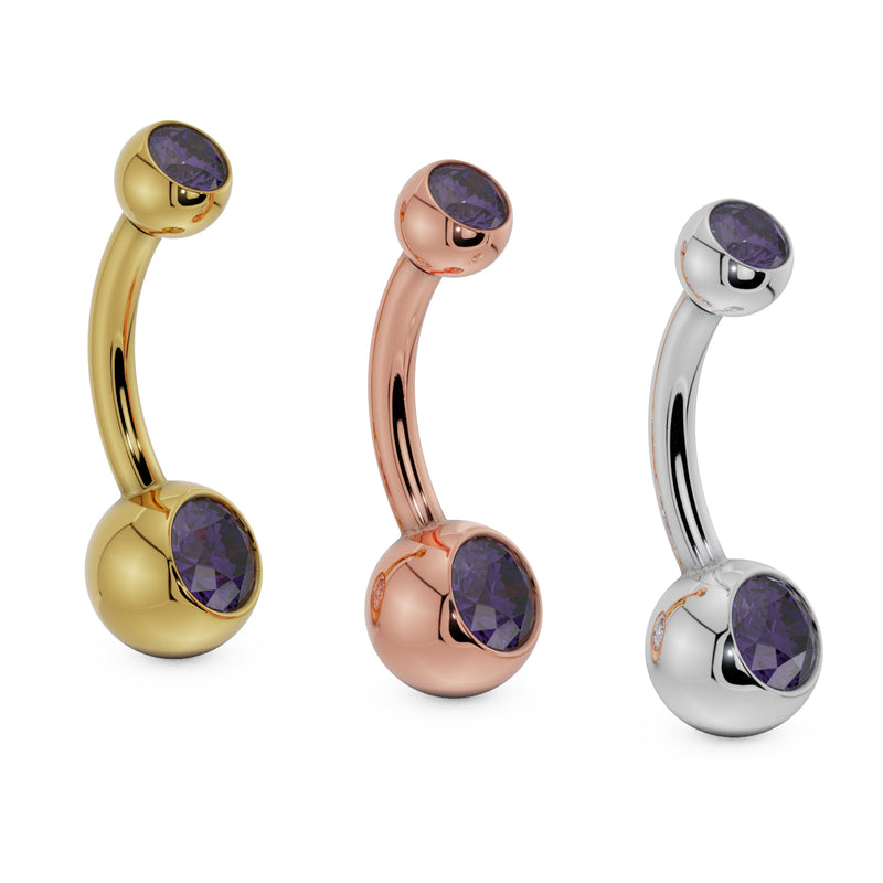 Double purple CZ belly button ring in 14k yellow gold, rose gold, and white gold, side by side