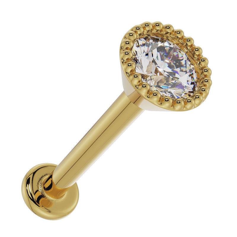 14k yellow gold milgrain CZ labret stud, side-angled view showing post length and flat disc backing