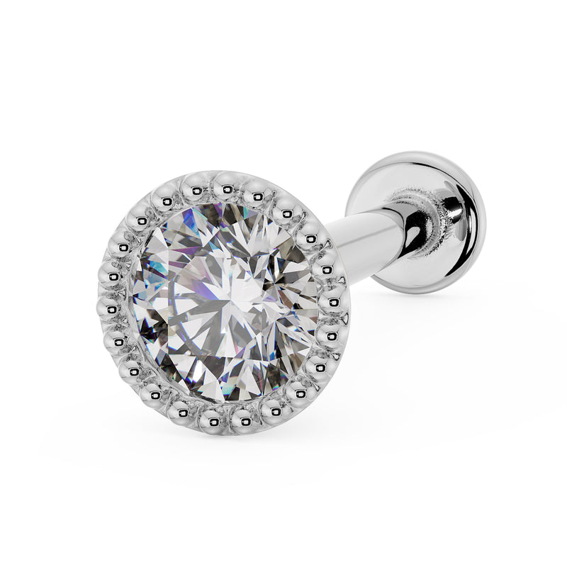 14k white gold 2.5mm diamond milgrain flat back labret stud, angled view showing post and flat disc