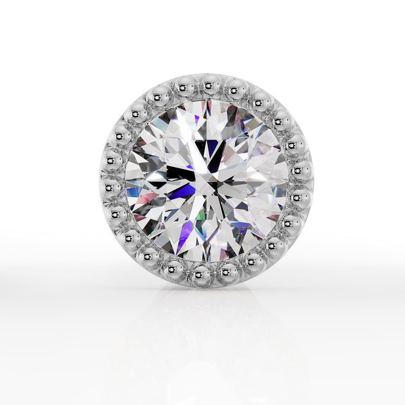 White gold 2.5mm diamond milgrain cartilage stud, straight-on close-up of beaded halo setting detail