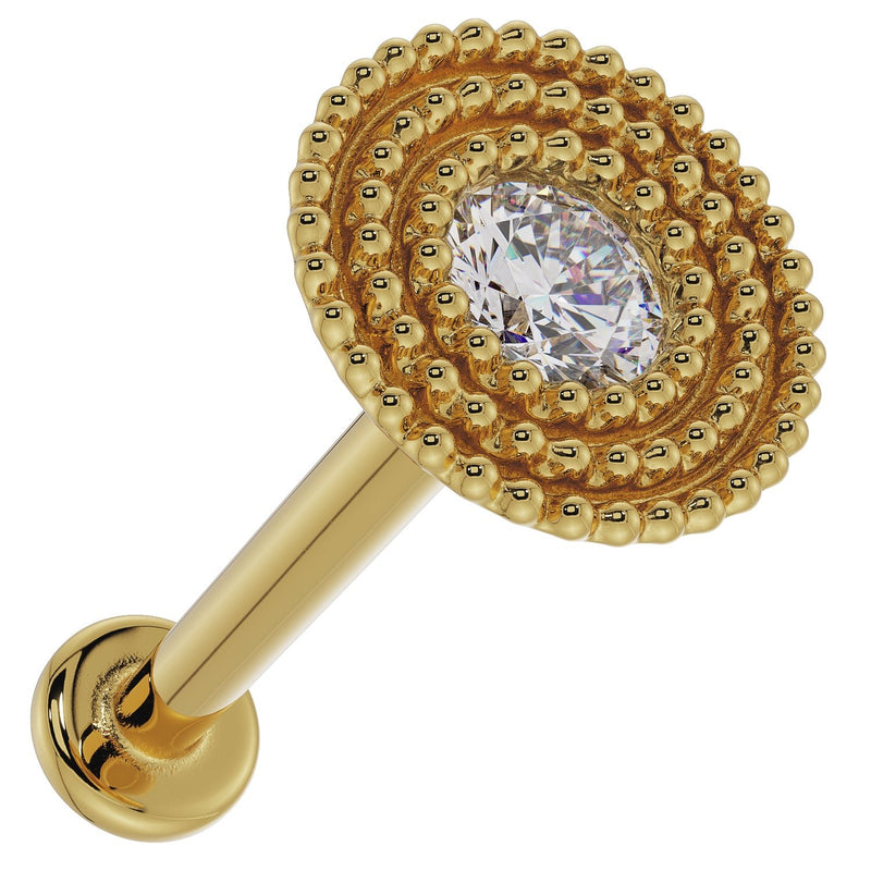 14k yellow gold 2mm diamond milgrain flat back stud, angled top view showing full post and flat back disc
