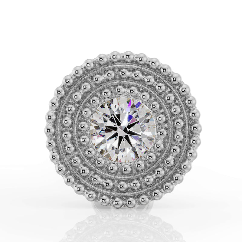 Front view of 14k white gold milgrain flat back stud highlighting 2mm diamond sparkle and bead layers
