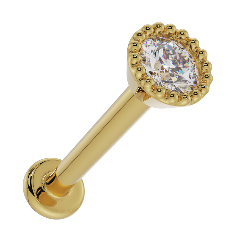 14k yellow gold diamond milgrain labret stud side profile showing post length and flat back disc