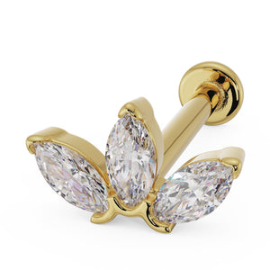 14k yellow gold lotus flat back stud with three marquise CZ stones, angled view showing barbell