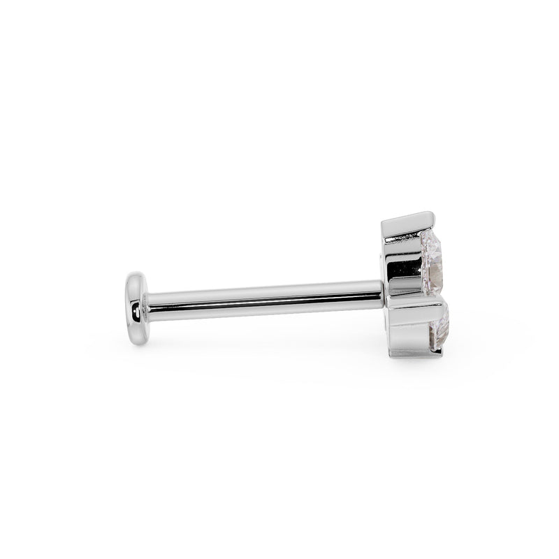 Side profile of white gold pear CZ flat back stud showing post length and flat disc backing
