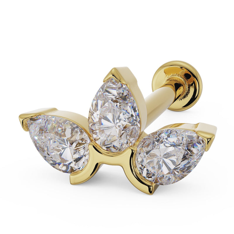 14k yellow gold three pear-cut CZ lotus flat back labret stud, angled view showing flat disc back