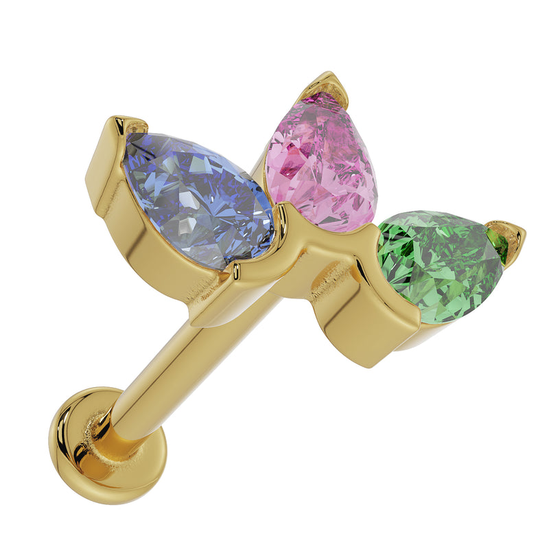 Side angle of 14K yellow gold flat back stud showing post length and pear gemstone cluster profile