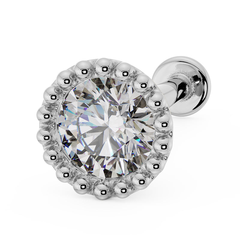 14k white gold 3mm diamond milgrain flat back stud, angled view showing beaded halo and flat back disc