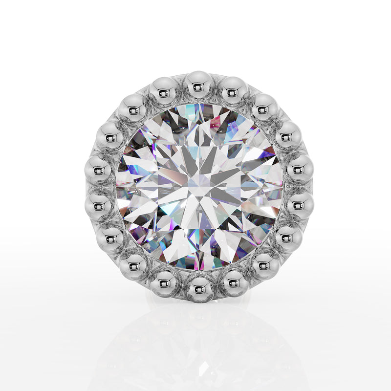 White gold 3mm diamond milgrain flat back stud, straight-on front view of beaded halo setting