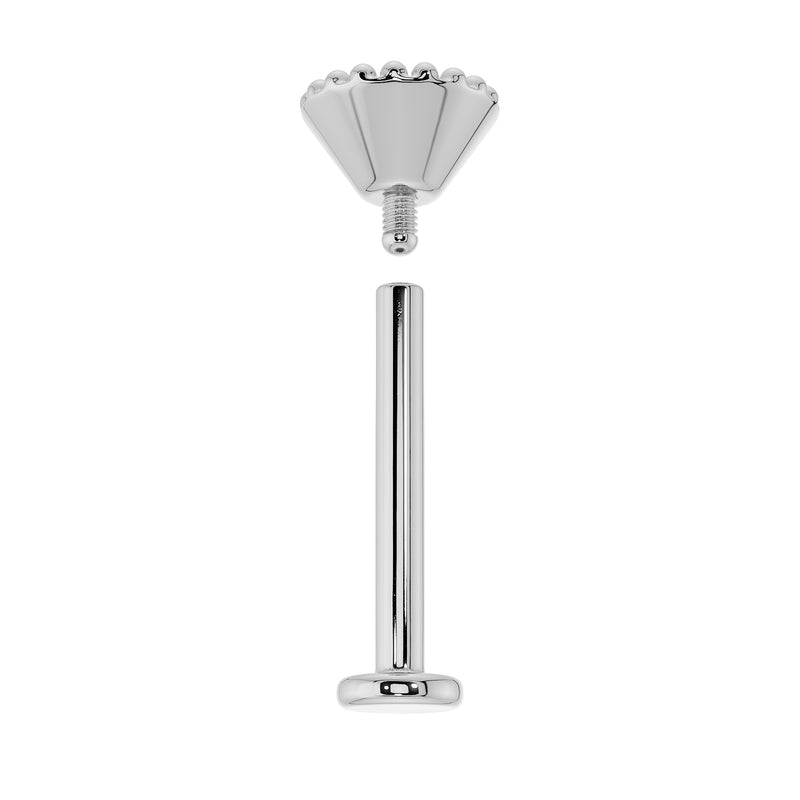 White gold milgrain flat back labret disassembled showing threaded top and flat back post separately