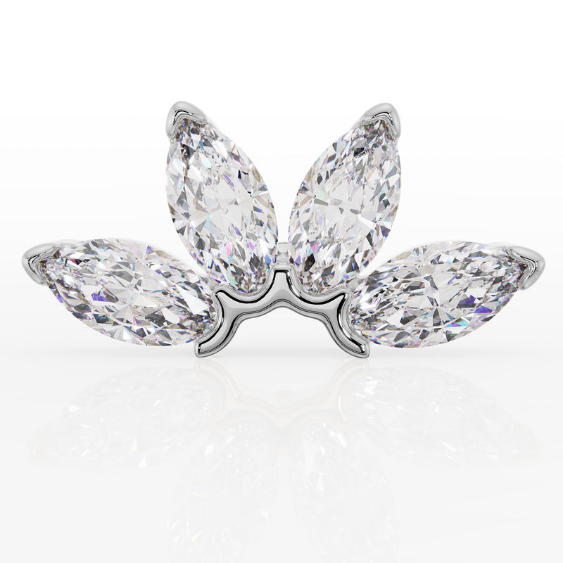 Close-up front view of four marquise-cut stones in fan setting, showing brilliant faceting detail