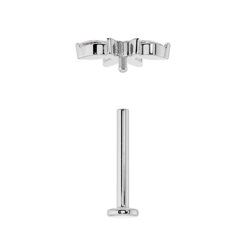 Reverse view of white gold marquise CZ flat back stud showing threaded post and flat disc backing