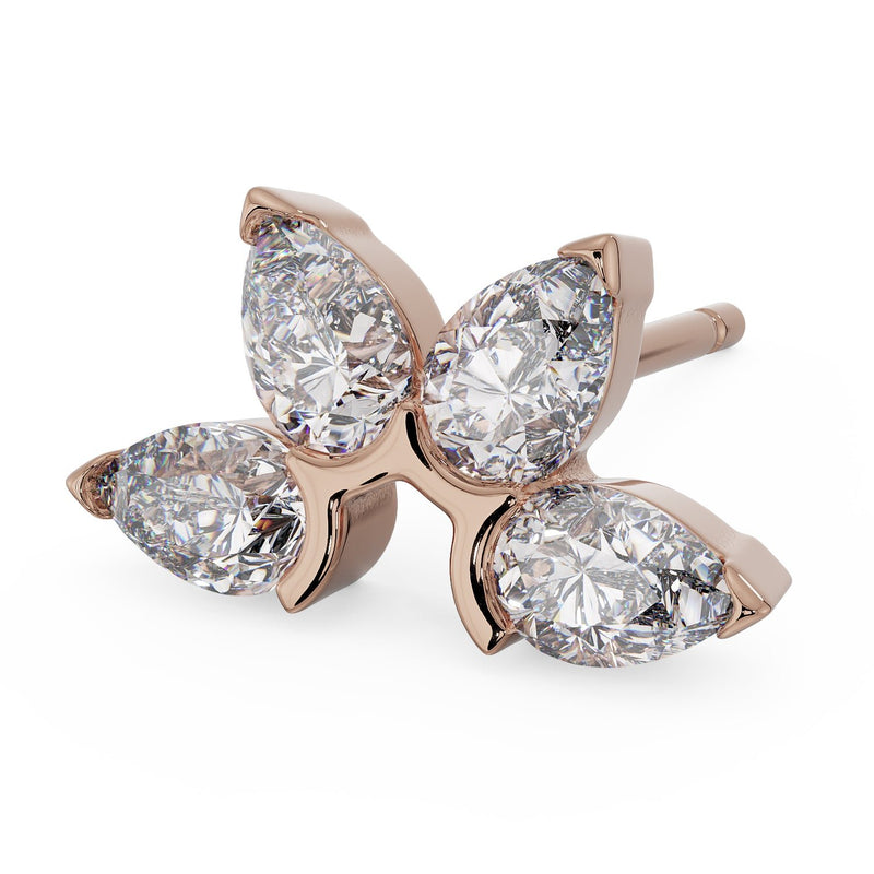 14K rose gold pear fan stud earring with four pear-cut diamonds, angled view showing warm gold setting