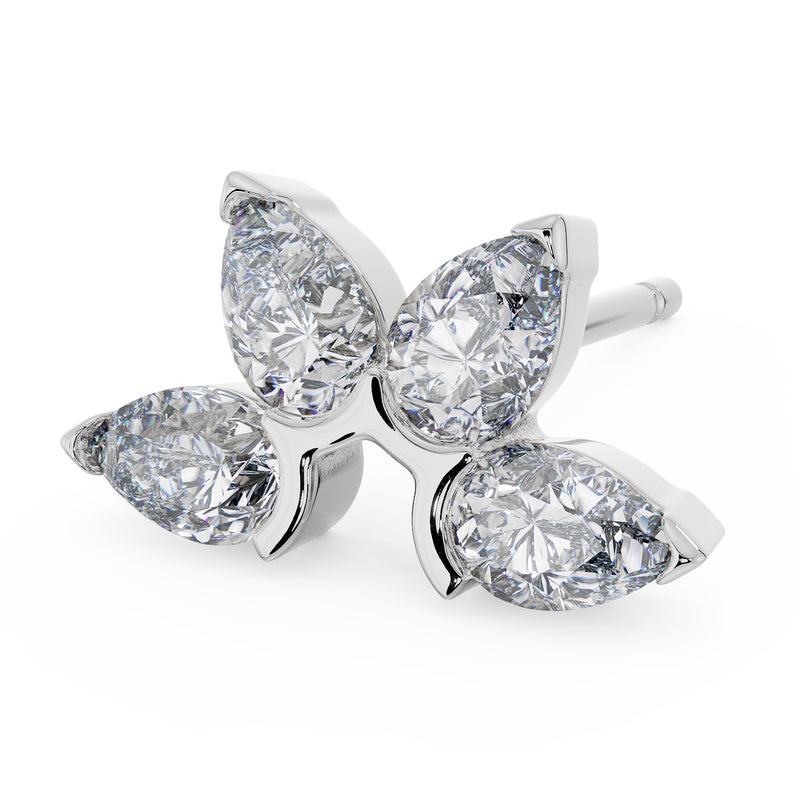 14K white gold pear fan stud earring with four pear-cut diamonds in floral arrangement, angled view