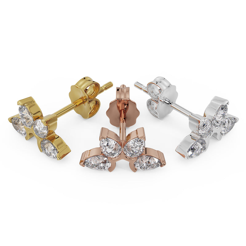 14K yellow gold, rose gold, and white gold pear fan stud earrings side by side showing all metal options