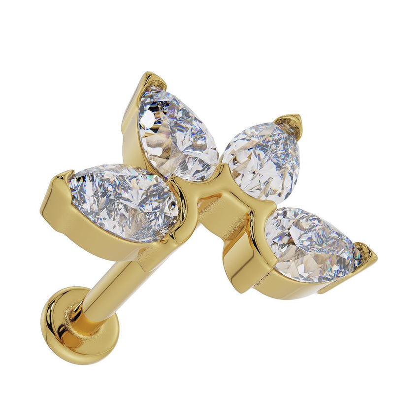 14k yellow gold 4 pear CZ flat back stud, side-angled view revealing post length and flat back base
