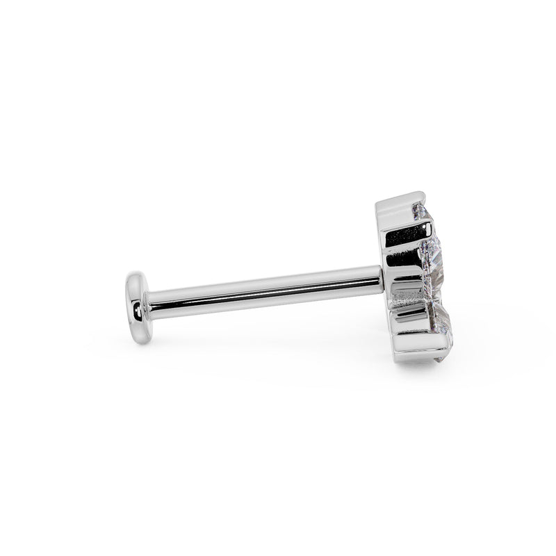 Side profile of white gold 4 pear CZ flat back stud showing full post length and flat disc backing