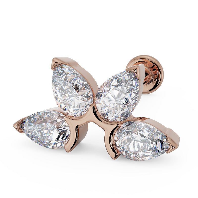 14k rose gold 4 pear CZ flat back stud with fan setting, angled view highlighting rose gold warmth