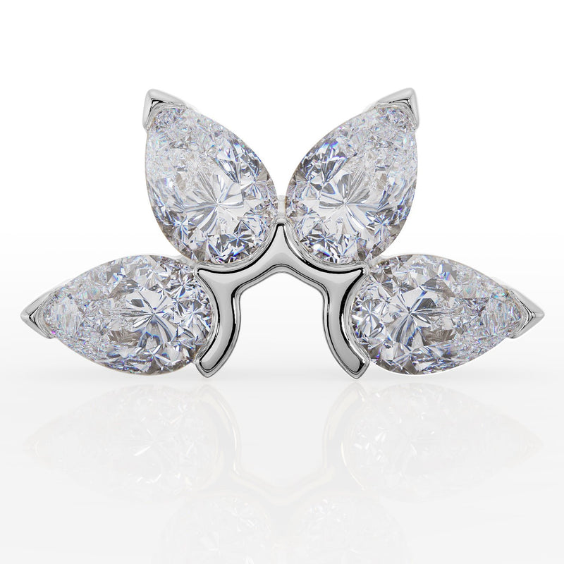 Front view of 14K white gold four-pear diamond fan stud earring showing floral setting detail