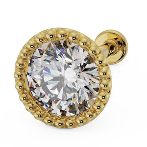 14k yellow gold 4mm CZ milgrain flat back labret stud, angled front view showing beaded halo setting