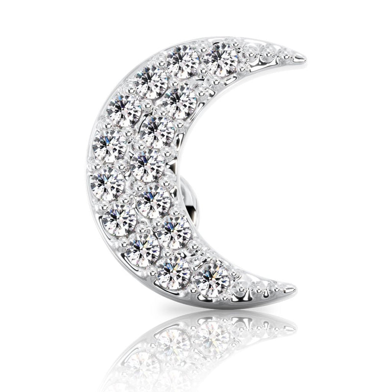 14k white gold diamond crescent moon flat back stud, front view showing full pavé diamond face