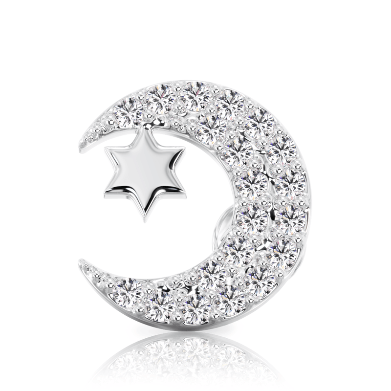 14k white gold diamond crescent moon and star cartilage flat back stud, straight-on front view