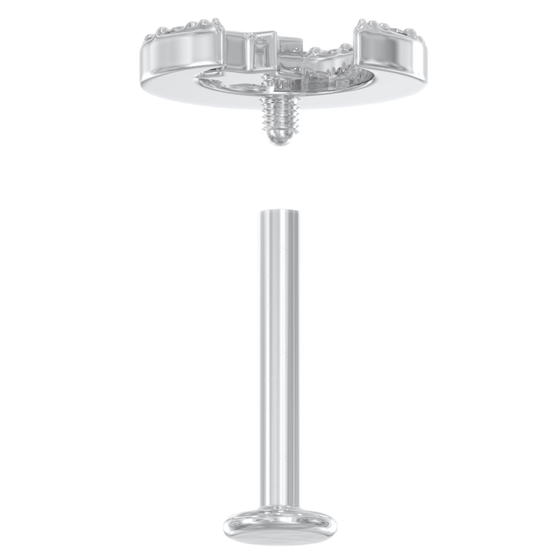 Exploded reverse view of 14k white gold diamond moon labret showing internal threading and flat back