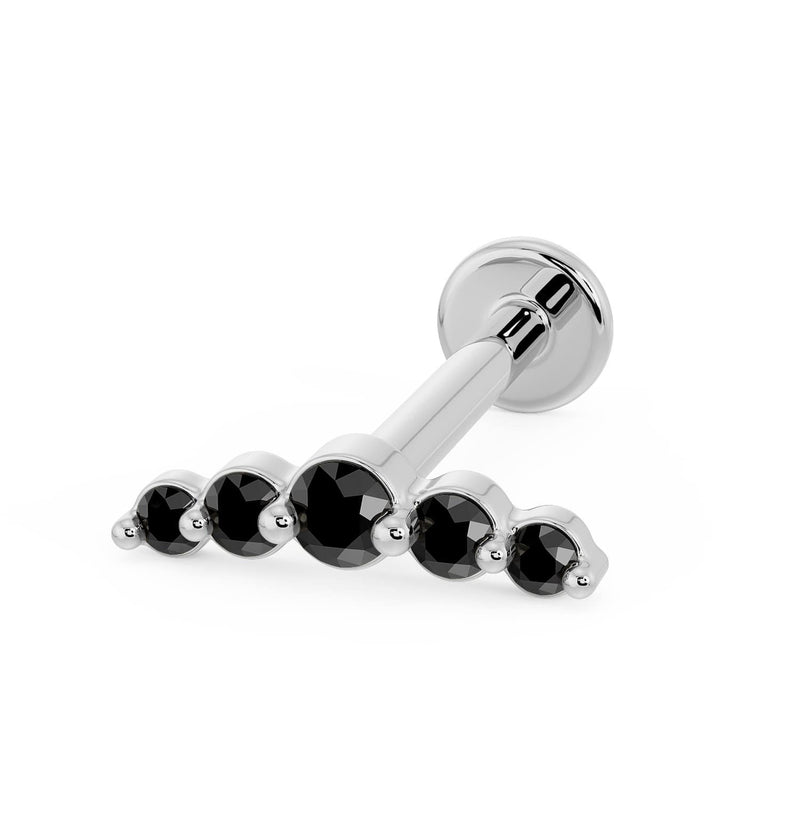 14K white gold black diamond climber flat back earring showing 5-stone bar and flat disc backing