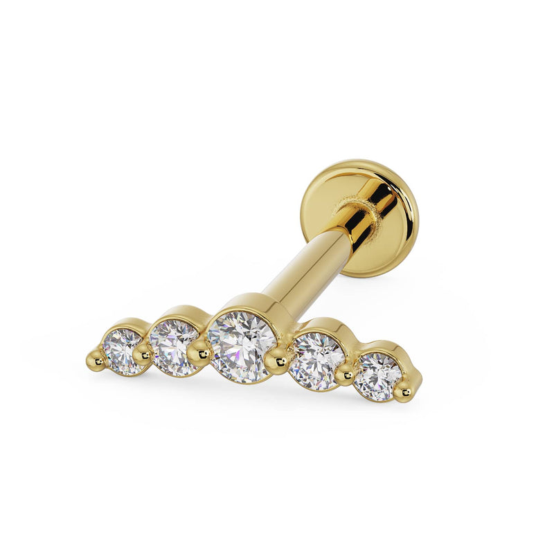 14K yellow gold mini climber cartilage earring with 5 CZ stones in graduated sizes, angled view