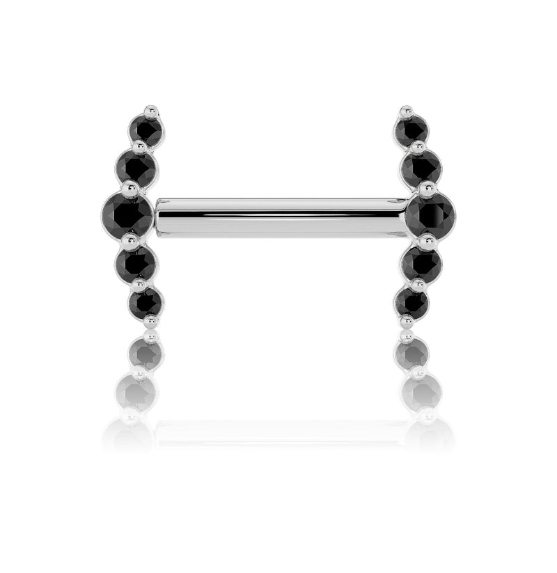 14k white gold black diamond mini climber barbell nipple ring, front view showing silver-toned setting