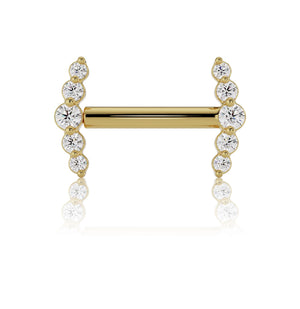 14k yellow gold VS1 diamond mini climber nipple barbell, front view with both ends threaded on