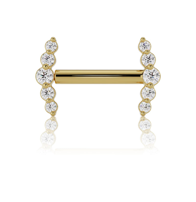 14k yellow gold VS1 diamond mini climber nipple barbell, front view with both ends threaded on