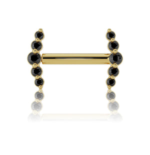 14k yellow gold black diamond mini climber barbell nipple ring, front view of dual climbing ends