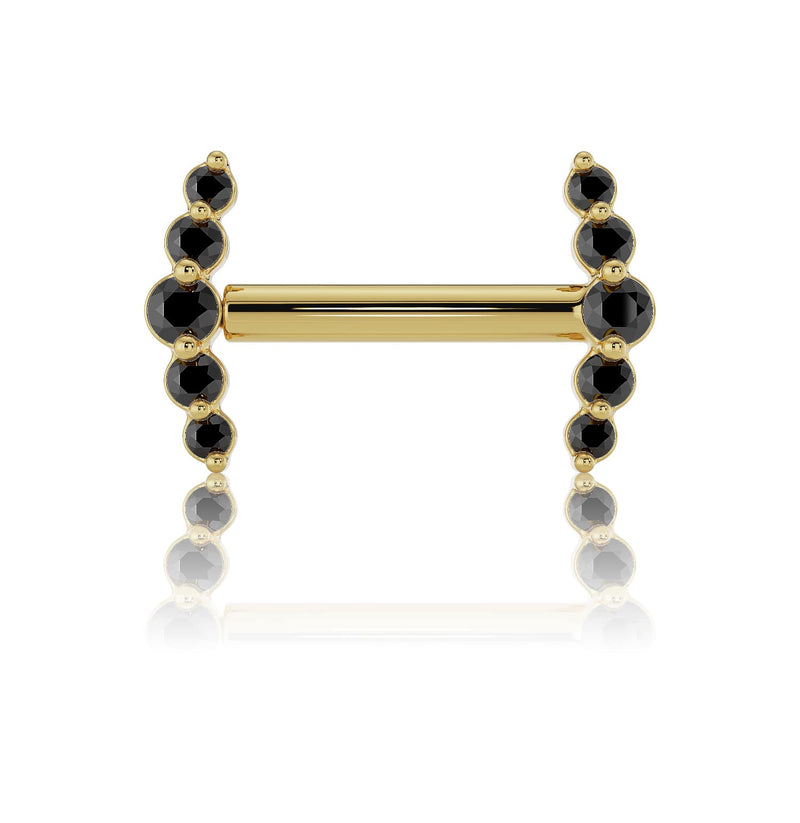 14k yellow gold black diamond mini climber barbell nipple ring, front view of dual climbing ends