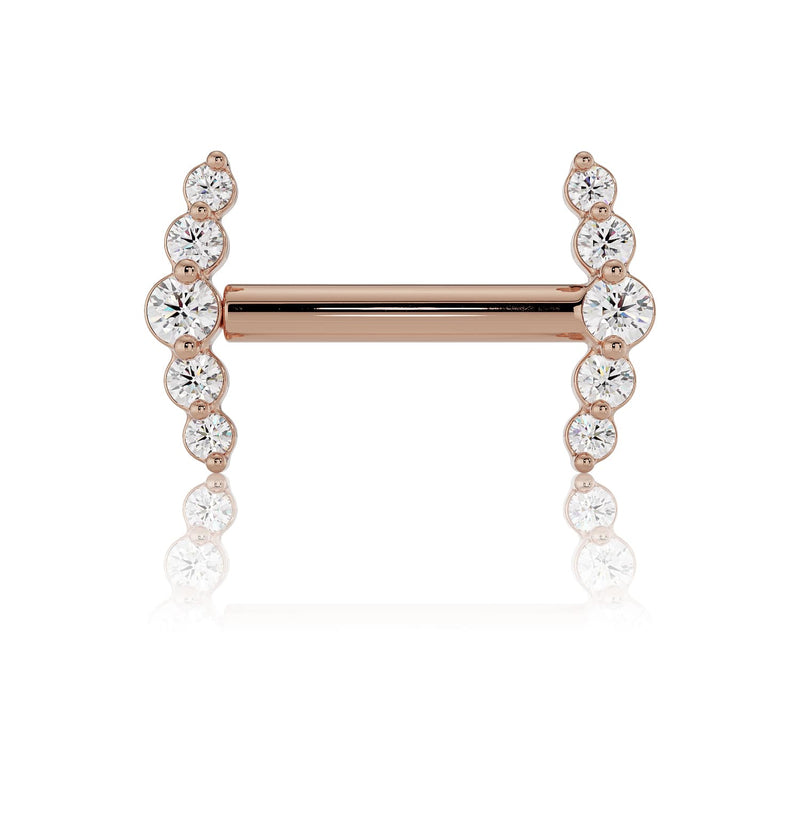 14k rose gold VS1 diamond mini climber nipple barbell, front view showing warm-toned gold with diamonds