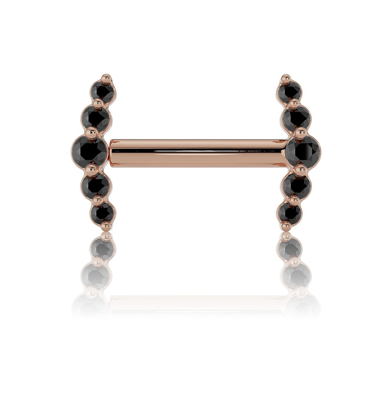 14k rose gold black diamond mini climber barbell nipple ring with warm blush-toned bar and end caps