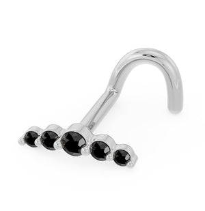 14K white gold black diamond climber nose ring with twist post, side angle view