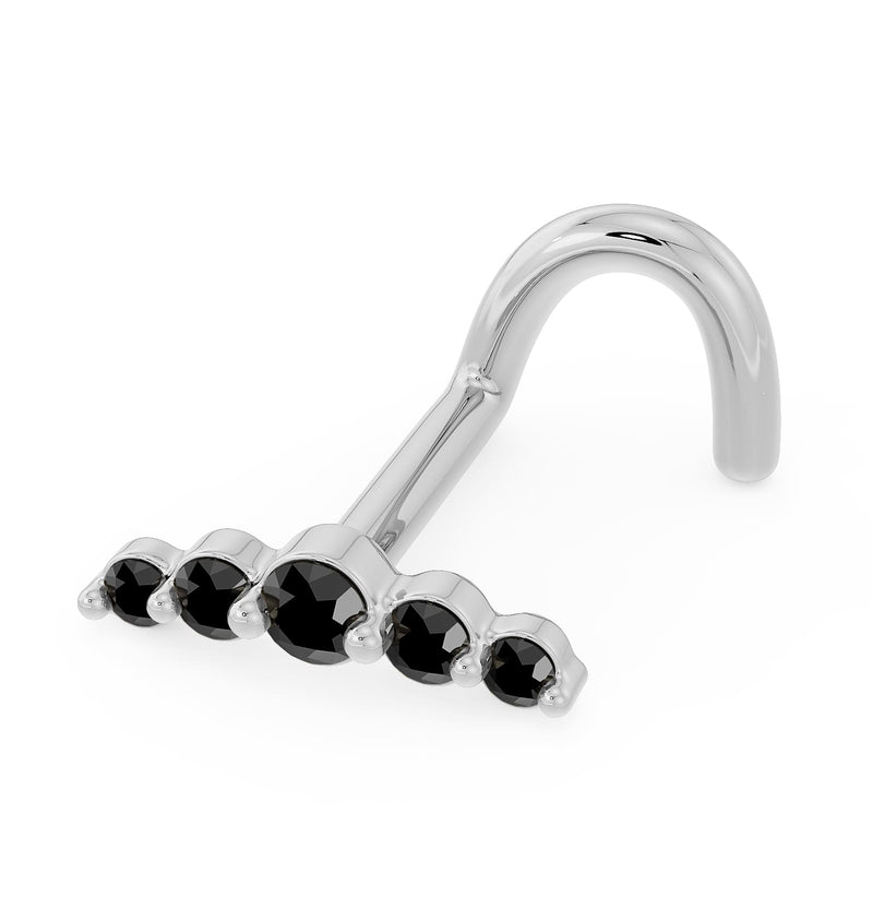 14K white gold black diamond climber nose ring with twist post, side angle view