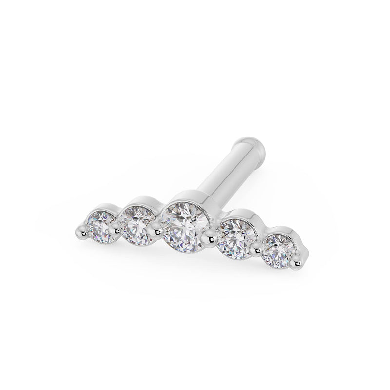 14K white gold mini climber nose ring with straight bone post and five bezel-set diamonds