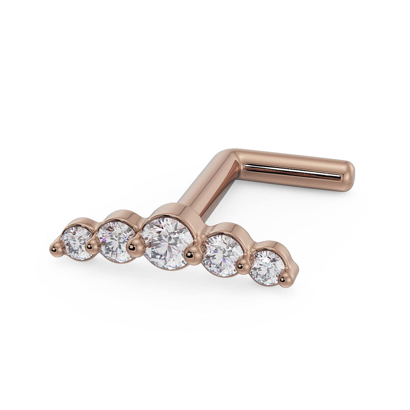 14K rose gold diamond climber nose ring with L-post style, angled view of diamond bar