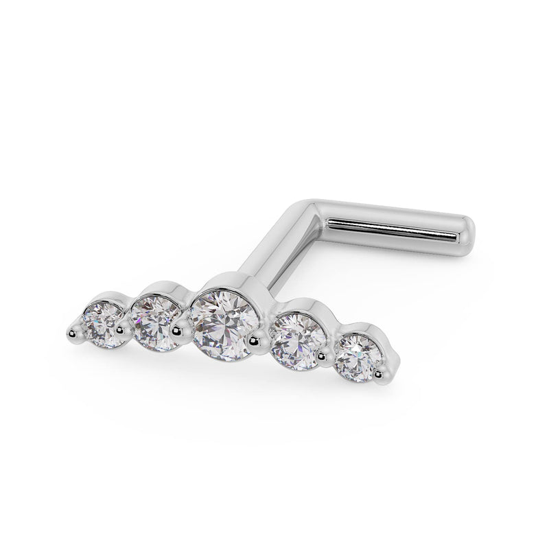 14K white gold mini climber CZ nose ring with L-post style, showing graduated stone bar detail