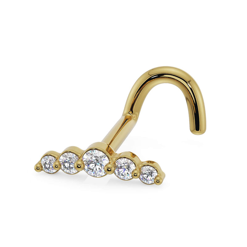 14K yellow gold diamond climber nose ring with twist post, angled side view showing stone detail